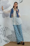 Shop_Shivani Bhargava_Blue Chanderi, Cotton Embroidery Collared Floral Waistcoat And Check Pant Set _Online_at_Aza_Fashions