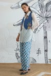 Shivani Bhargava_Blue Chanderi, Cotton Embroidery Collared Floral Waistcoat And Check Pant Set _at_Aza_Fashions