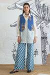 Buy_Shivani Bhargava_Blue Chanderi, Cotton Embroidery Collared Floral Waistcoat And Check Pant Set _at_Aza_Fashions