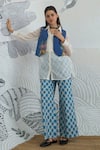 Buy_Shivani Bhargava_Blue Chanderi, Cotton Embroidery Collared Floral Waistcoat And Check Pant Set 