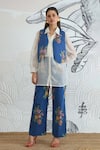 Shop_Shivani Bhargava_Blue Cotton, Chanderi Collared Floral Print Waistcoat Jacket And Pant Set _Online_at_Aza_Fashions