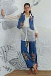 Buy_Shivani Bhargava_Blue Cotton, Chanderi Collared Floral Print Waistcoat Jacket And Pant Set _at_Aza_Fashions