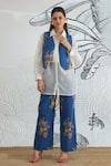 Buy_Shivani Bhargava_Blue Cotton, Chanderi Collared Floral Print Waistcoat Jacket And Pant Set 