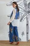 Shop_Shivani Bhargava_Blue Cotton, Chanderi Collared Floral Print Waistcoat Jacket And Pant Set _at_Aza_Fashions