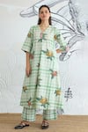 Buy_Shivani Bhargava_Green Cotton Embroidery V-neck Check Flower A-line Kurta And Pant _at_Aza_Fashions
