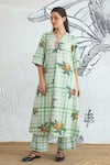 Shop_Shivani Bhargava_Green Cotton Embroidery V-neck Check Flower A-line Kurta And Pant _at_Aza_Fashions