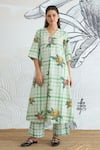 Shop_Shivani Bhargava_Green Cotton Embroidery V-neck Check Flower A-line Kurta And Pant _Online_at_Aza_Fashions