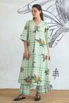 Buy_Shivani Bhargava_Green Cotton V-neck Check Flower A-line Kurta _Online_at_Aza_Fashions