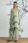 Buy_Shivani Bhargava_Green Silk Satin V-neck Texture High Low Tunic _at_Aza_Fashions
