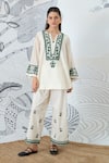 Buy_Shivani Bhargava_Ivory Chanderi, Cotton Embroidery Split V-neck Green Yoke Tunic And Pant Set _at_Aza_Fashions