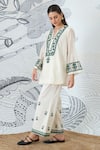 Shivani Bhargava_Ivory Chanderi, Cotton Embroidery Split V-neck Green Yoke Tunic And Pant Set _at_Aza_Fashions