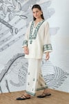 Shop_Shivani Bhargava_Ivory Chanderi, Cotton Embroidery Split V-neck Green Yoke Tunic And Pant Set _at_Aza_Fashions