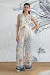 Buy_Shivani Bhargava_Cream Silk Satin V-neck Jungle Digital Print Waistcoat And Pant Set _at_Aza_Fashions