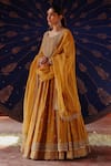 Shop_Jigar Mali_Yellow Chanderi, Organza Embroidery, Sequins Round Neck Lehenga Set _at_Aza_Fashions