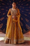 Buy_Jigar Mali_Yellow Chanderi, Organza Embroidery, Sequins Round Neck Lehenga Set _at_Aza_Fashions