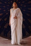 Buy_Jigar Mali_Ivory Satin, Net Embroidery V-neck Designer Ggt Saree And Blouse _at_Aza_Fashions