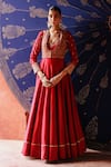 Buy_Jigar Mali_Red Chanderi, Organza Embroidery Round Neck Ruhani Anarkali Set _at_Aza_Fashions