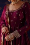 Jigar Mali_Wine Chanderi, Organza Embroidery Round Neck Anarkali Set _Online_at_Aza_Fashions