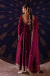 Shop_Jigar Mali_Wine Chanderi, Organza Embroidery Round Neck Anarkali Set _at_Aza_Fashions