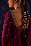 Buy_Jigar Mali_Wine Chanderi, Organza Embroidery Round Neck Anarkali Set _Online_at_Aza_Fashions