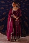 Shop_Jigar Mali_Wine Chanderi, Organza Embroidery Round Neck Anarkali Set _Online_at_Aza_Fashions