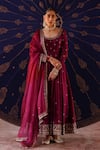 Buy_Jigar Mali_Wine Chanderi, Organza Embroidery Round Neck Anarkali Set _at_Aza_Fashions