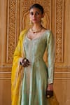 Shop_Jigar Mali_Green Chanderi, Organza Embroidery Round Neck Designer Kurta Pant Set _at_Aza_Fashions