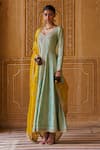 Buy_Jigar Mali_Green Chanderi, Organza Embroidery Round Neck Designer Kurta Pant Set _at_Aza_Fashions