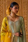 Jigar Mali_Green Chanderi, Organza Embroidery Round Neck Designer Kurta Pant Set _Online_at_Aza_Fashions