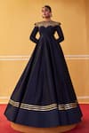 Shop_Jigar Mali_Navy Chanderi Embroidery Round Neck Blue Anarkali _at_Aza_Fashions