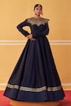 Buy_Jigar Mali_Navy Chanderi Embroidery Round Neck Blue Anarkali _at_Aza_Fashions