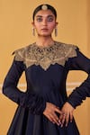 Jigar Mali_Navy Chanderi Embroidery Round Neck Blue Anarkali _Online_at_Aza_Fashions