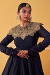 Buy_Jigar Mali_Navy Chanderi Embroidery Round Neck Blue Anarkali _Online_at_Aza_Fashions