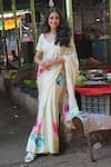 Studio 113_White Silk, Satin Abstract Floral Print Saree _Online