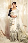 Studio 113_White Silk, Satin Embroidery Kantha Mandala Print Saree With Blouse _Online