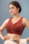 Buy_Samyukta Singhania_Red Silk Beads V-neck Embellished Padded Blouse _at_Aza_Fashions