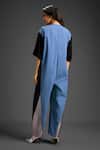 Shop_Deepika Arora_Blue Cotton Round Neck Color Block Designer Jumpsuit _at_Aza_Fashions