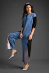 Buy_Deepika Arora_Blue Cotton Round Neck Color Block Designer Jumpsuit _Online_at_Aza_Fashions