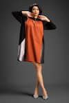 Buy_Deepika Arora_Orange Cotton Round Neck Designer Color Block Dress _at_Aza_Fashions