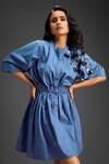 Shop_Deepika Arora_Blue Cotton Round Neck Designer Embellished Dress _Online_at_Aza_Fashions