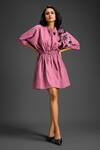 Buy_Deepika Arora_Pink Cotton Round Neck Sleeve Embellished Dress _at_Aza_Fashions