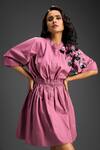 Buy_Deepika Arora_Pink Cotton Round Neck Sleeve Embellished Dress 
