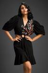 Shop_Deepika Arora_Black Cotton Embroidery V-neck Designer Dress _Online_at_Aza_Fashions