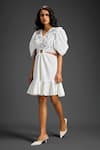 Deepika Arora_White Cotton Embroidery V-neck Designer Embellished Dress _Online_at_Aza_Fashions