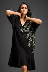 Deepika Arora_Black Cotton Metallic Thread, Embroidery V-neck Dress _Online_at_Aza_Fashions