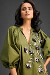 Deepika Arora_Green Cotton V-neck Designer Dress With Embellishments _Online_at_Aza_Fashions