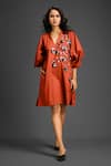 Buy_Deepika Arora_Orange Cotton Split V-neck Designer Embellished Dress _at_Aza_Fashions