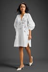 Shop_Deepika Arora_White Cotton V-neck Designer Embellished Dress _Online_at_Aza_Fashions