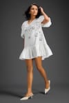 Shop_Deepika Arora_White Cotton V-neck Designer Embellished Dress _Online_at_Aza_Fashions