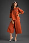 Buy_Deepika Arora_Orange Cotton Bows Mandarin Collar Designer Top And Pant Set _Online_at_Aza_Fashions
